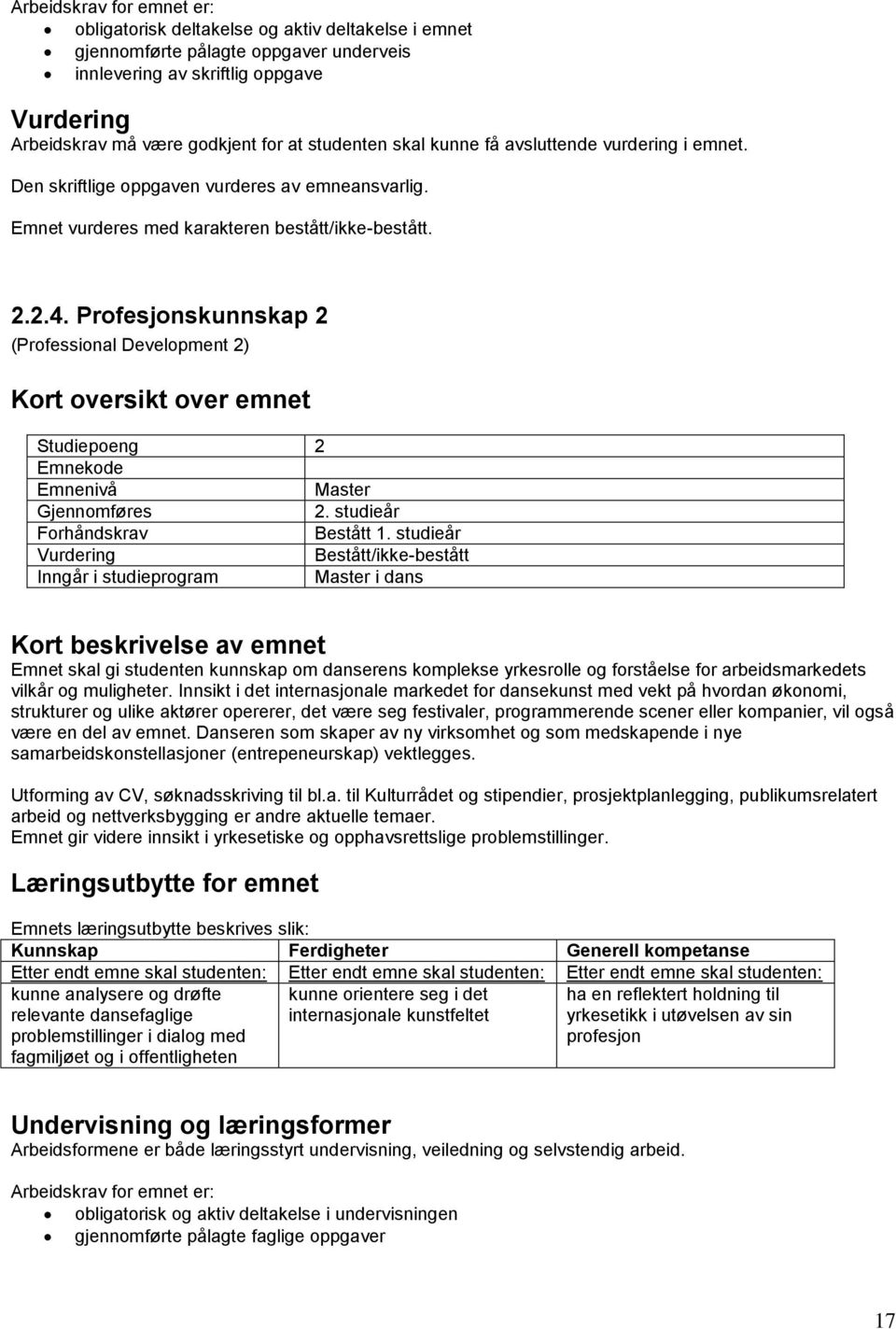 studieår Kort beskrivelse av emnet Emnet skal gi studenten kunnskap om danserens komplekse yrkesrolle og forståelse for arbeidsmarkedets vilkår og muligheter.