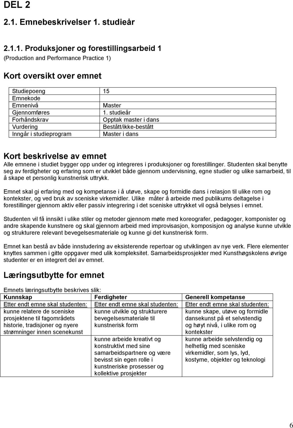 Studenten skal benytte seg av ferdigheter og erfaring som er utviklet både gjennom undervisning, egne studier og ulike samarbeid, til å skape et personlig kunstnerisk uttrykk.