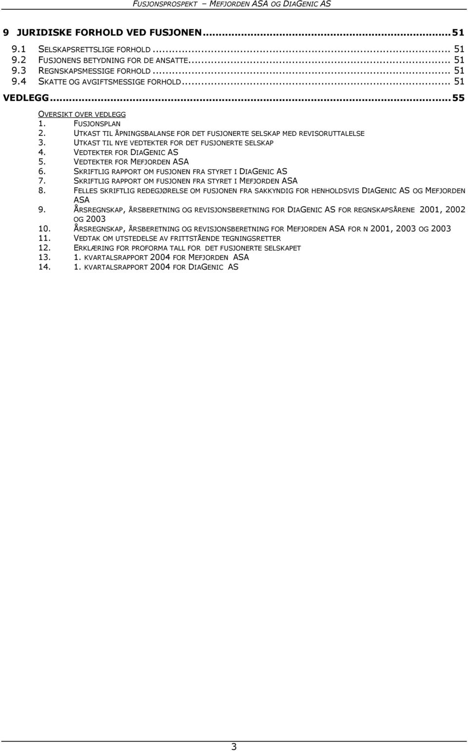 VEDTEKTER FOR DIAGENIC AS 5. VEDTEKTER FOR MEFJORDEN ASA 6. SKRIFTLIG RAPPORT OM FUSJONEN FRA STYRET I DIAGENIC AS 7. SKRIFTLIG RAPPORT OM FUSJONEN FRA STYRET I MEFJORDEN ASA 8.