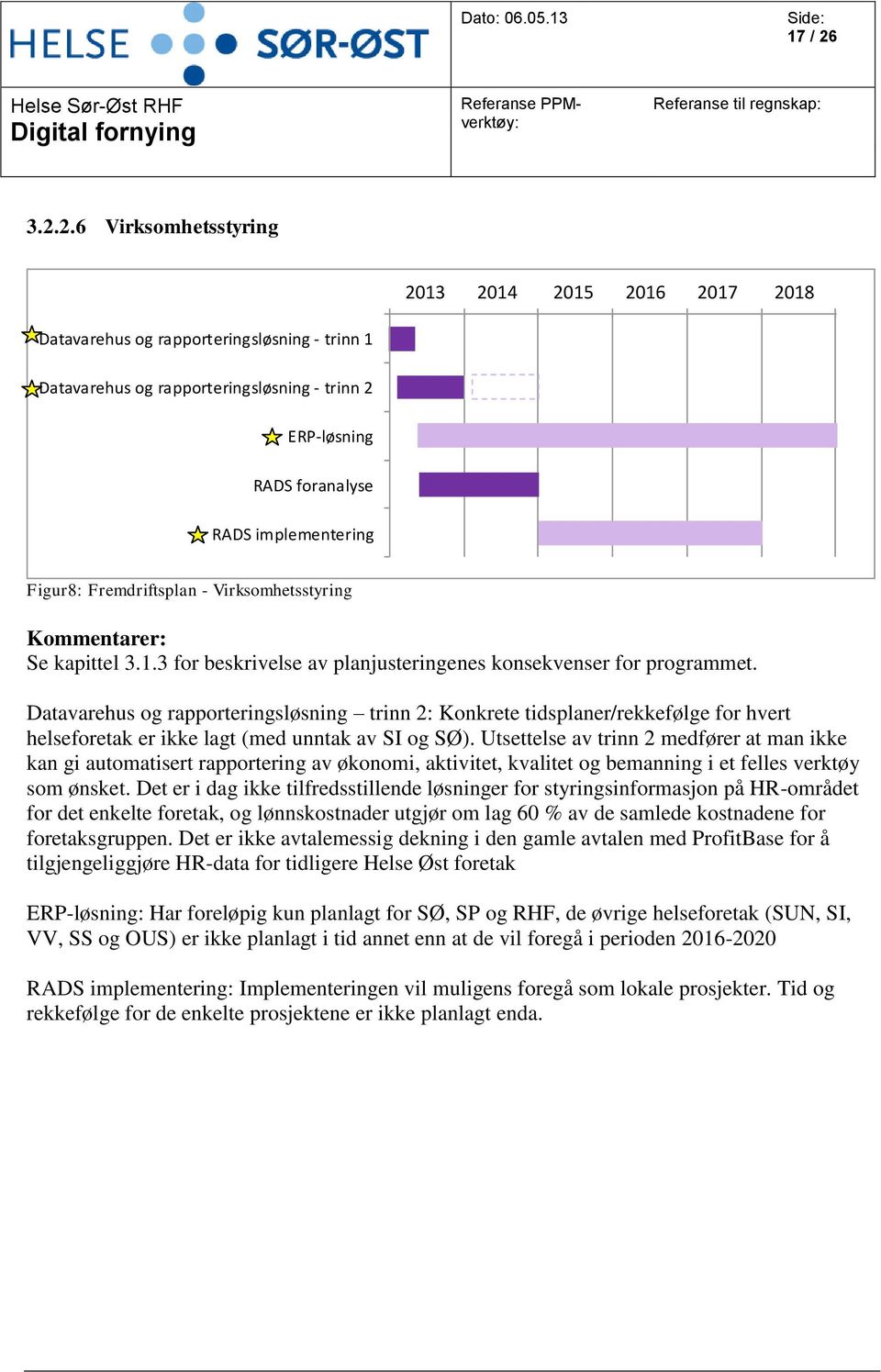 foranalyse RADS implementering Figur8: Fremdriftsplan - Virksomhetsstyring Kommentarer: Se kapittel 3.1.3 for beskrivelse av planjusteringenes konsekvenser for programmet.