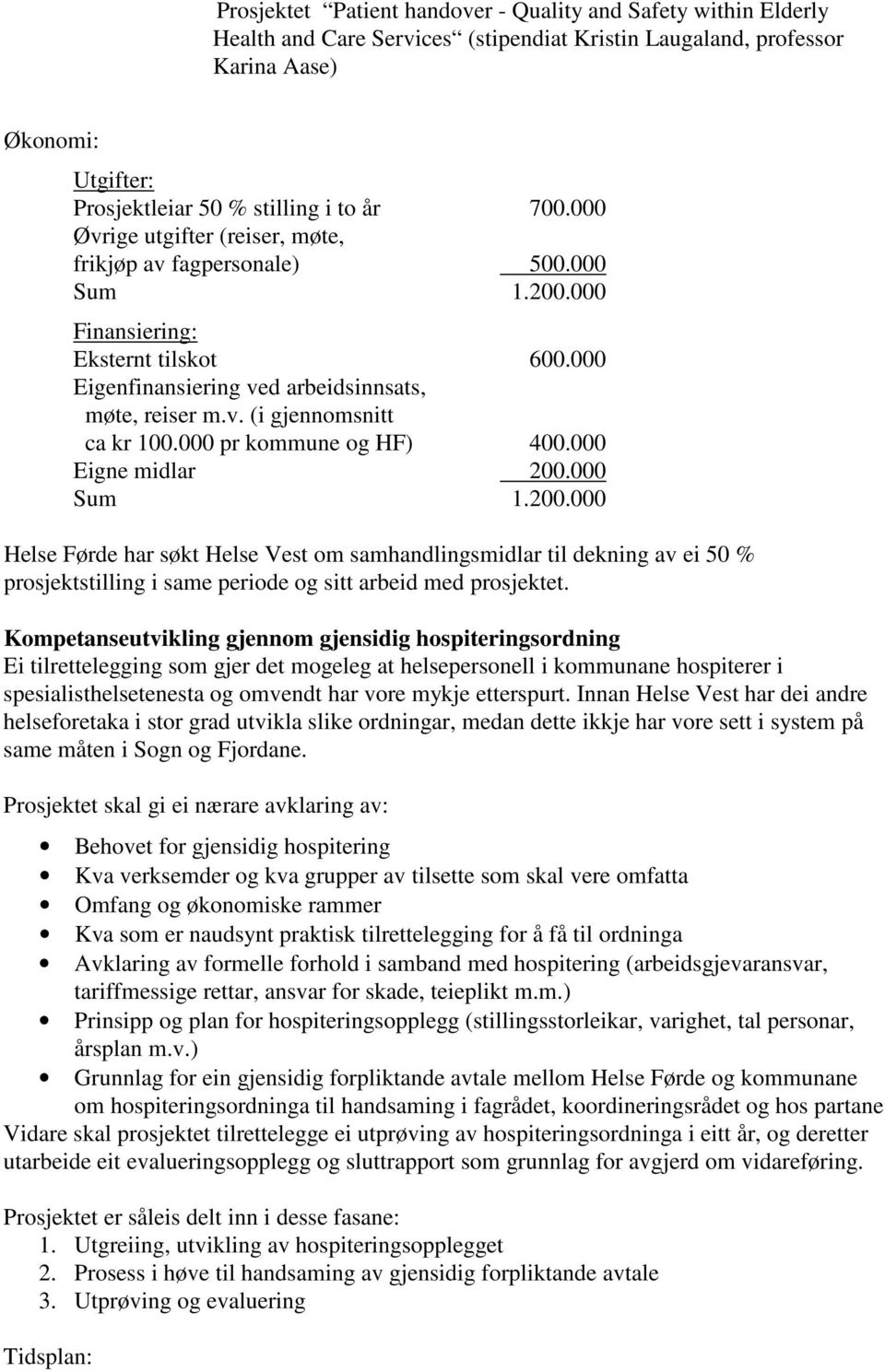 000 pr kommune og HF) 400.000 Eigne midlar 200.000 Sum 1.200.000 Helse Førde har søkt Helse Vest om samhandlingsmidlar til dekning av ei 50 % prosjektstilling i same periode og sitt arbeid med prosjektet.