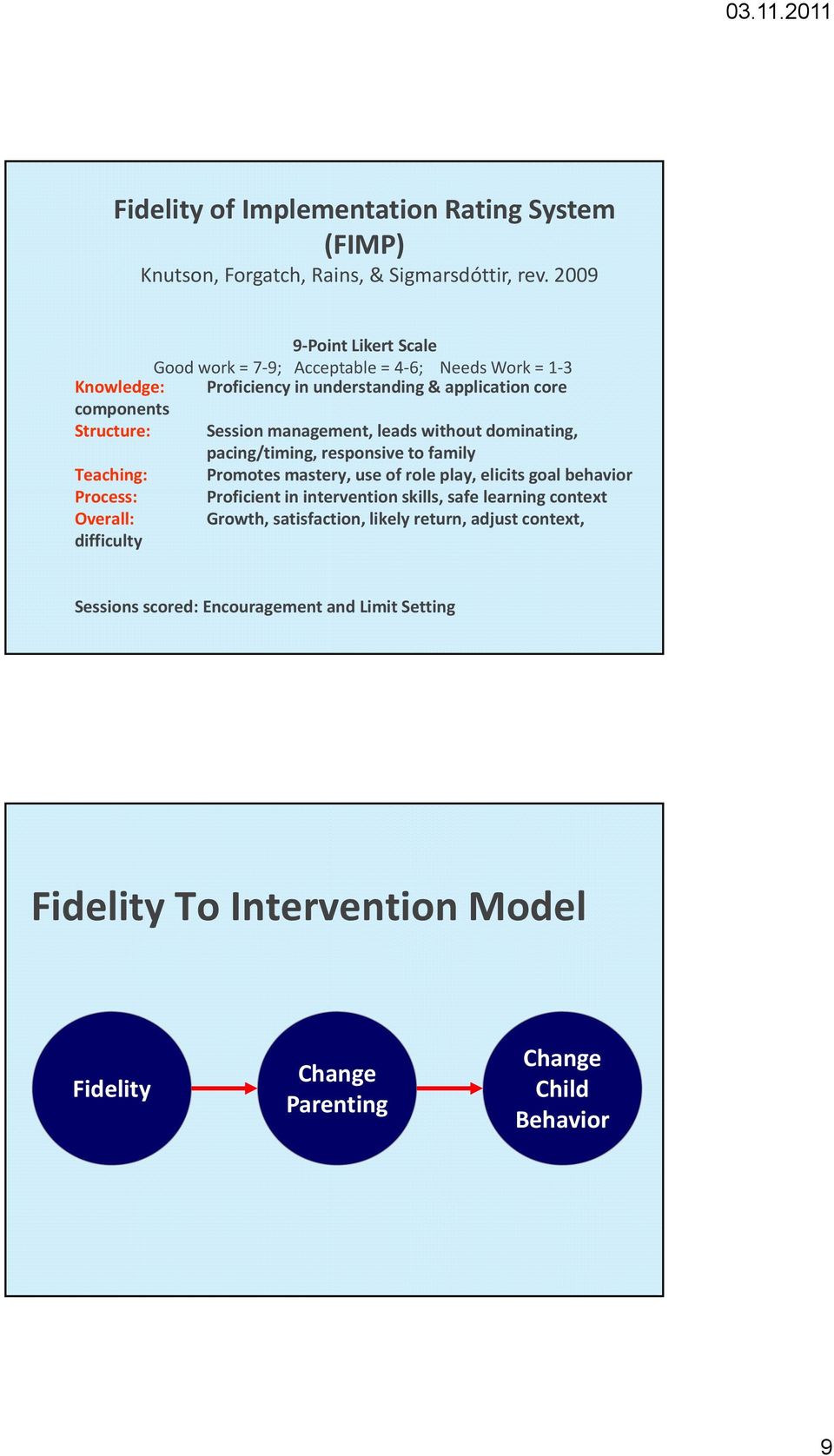 management, leads without dominating, pacing/timing, responsive to family Teaching: Promotes mastery, use of role play, elicits goal behavior Process: Proficient in