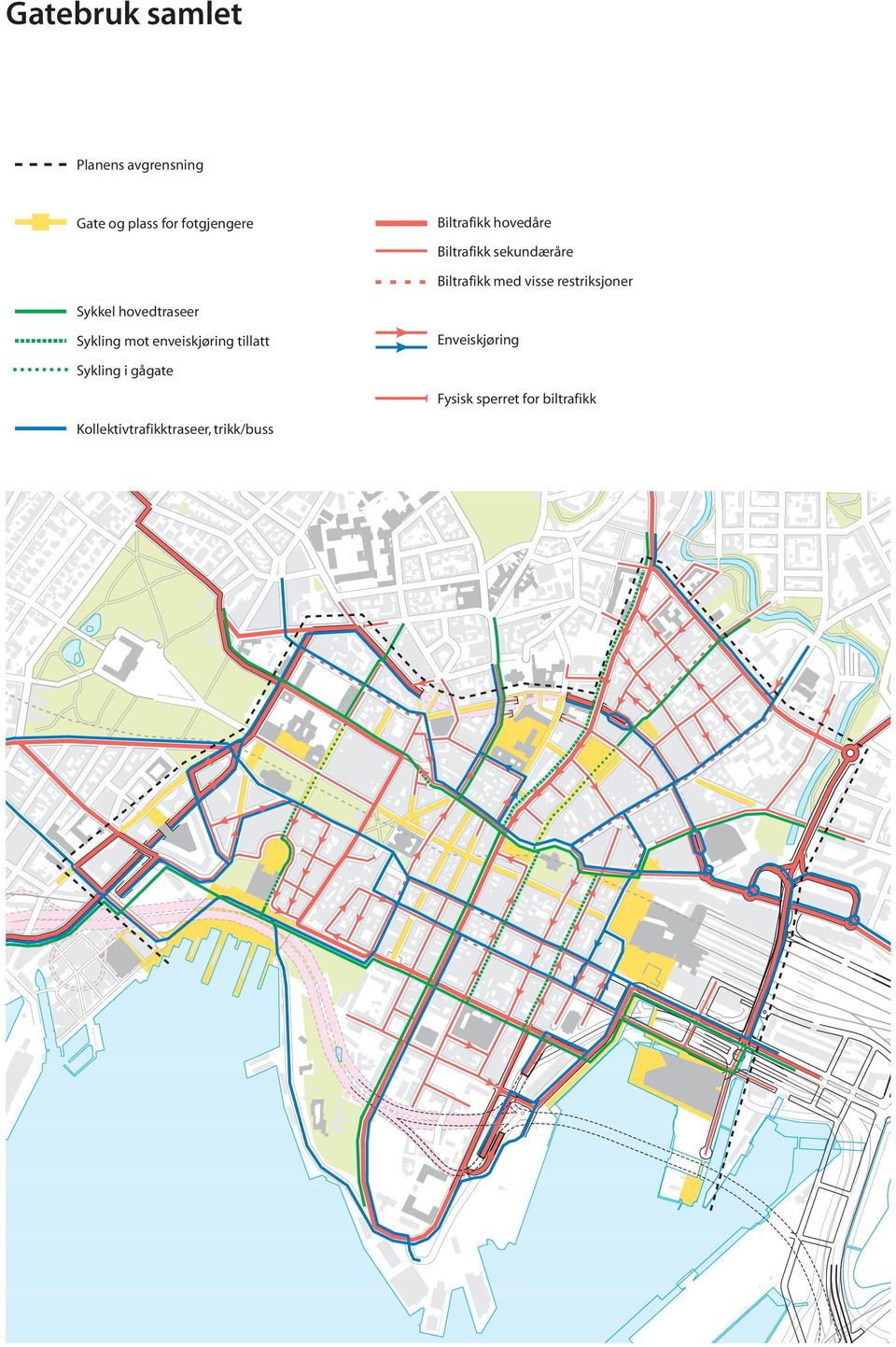 restriksjoner Sykkel hovedtraseer Sykling mot enveiskjøring tillatt Enveiskjøring Sykling i gågate Fysisk sperret for biltrafikk