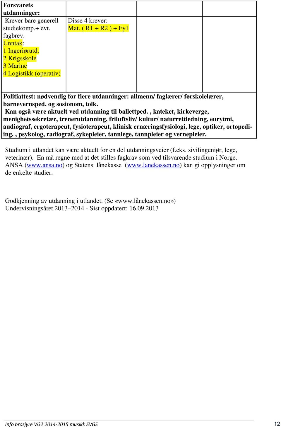 , kateket, kirkeverge, menighetssekretær, trenerutdanning, friluftsliv/ kultur/ naturrettledning, eurytmi, audiograf, ergoterapeut, fysioterapeut, klinisk ernæringsfysiologi, lege, optiker,