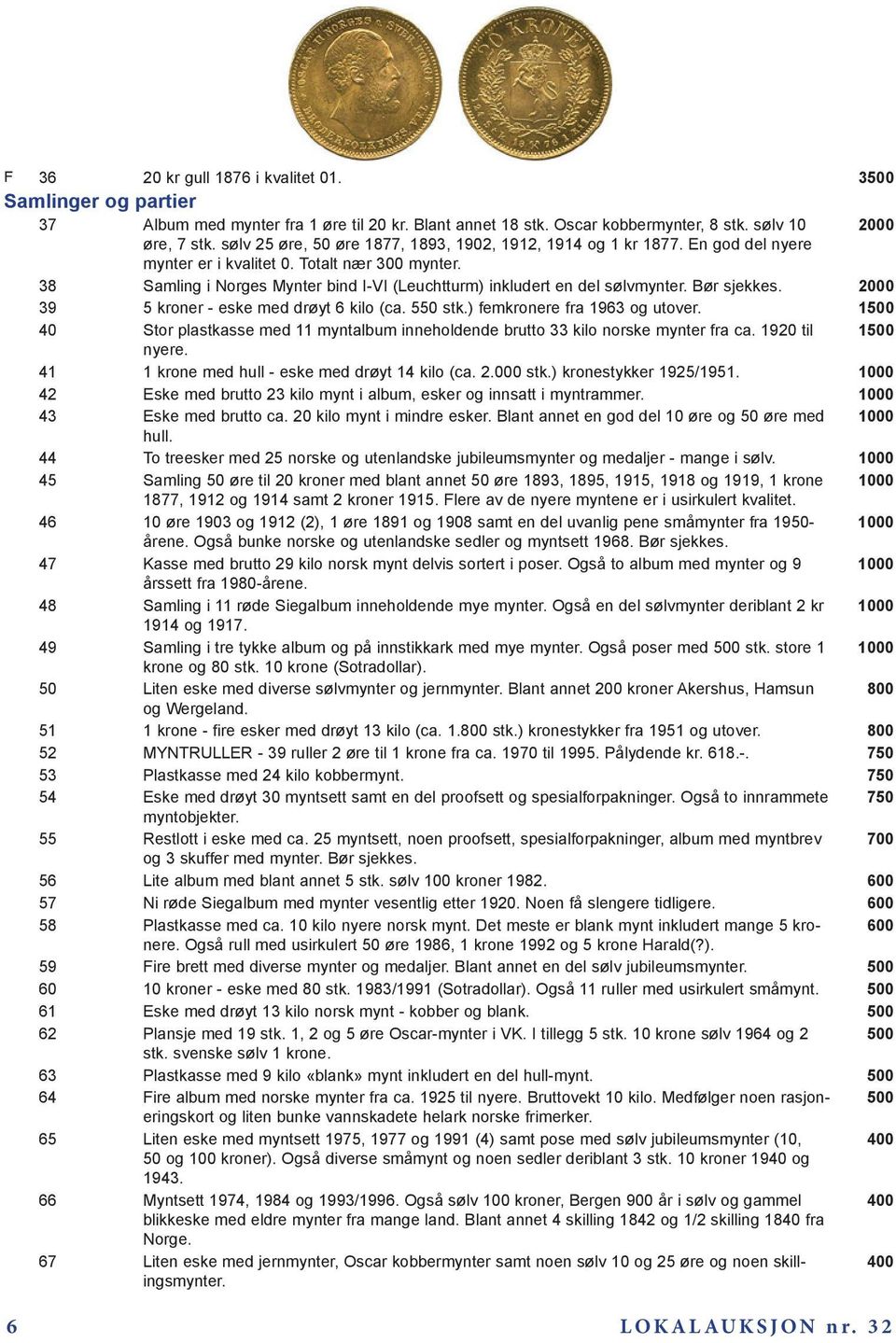 38 Samling i Norges Mynter bind I-VI (Leuchtturm) inkludert en del sølvmynter. Bør sjekkes. 2000 39 5 kroner - eske med drøyt 6 kilo (ca. 550 stk.) femkronere fra 1963 og utover.