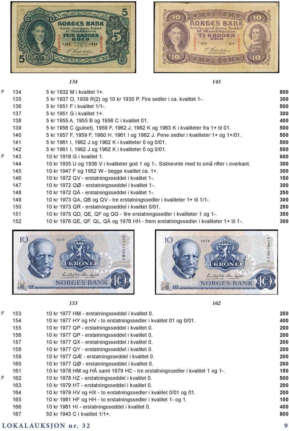 Pene sedler i kvaliteter 1+ og 1+/01. 141 5 kr 1961 I, 1962 J og 1962 K i kvaliteter 0 og 0/01. 142 5 kr 1961 I, 1962 J og 1962 K i kvaliteter 0 og 0/01. F 143 10 kr 1918 G i kvalitet 1.