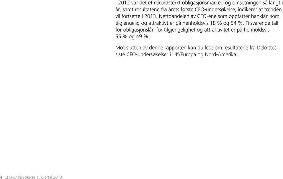 Nettoandelen av CFO-ene som oppfatter banklån som tilgjengelig og attraktivt er på henholdsvis 18 % og 54 %.