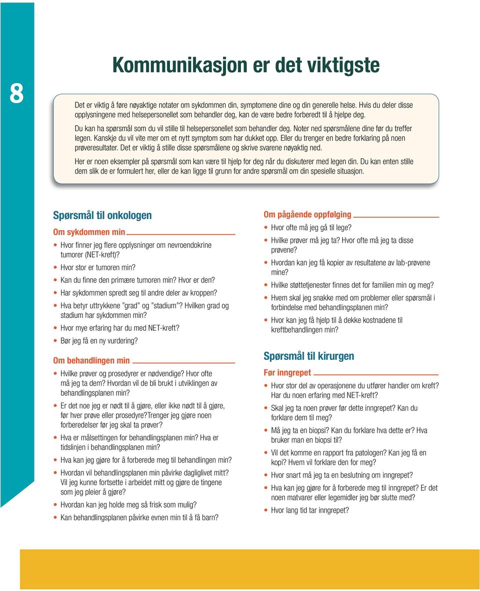 Noter ned spørsmålene dine før du treffer legen. Kanskje du vil vite mer om et nytt symptom som har dukket opp. Eller du trenger en bedre forklaring på noen prøveresultater.