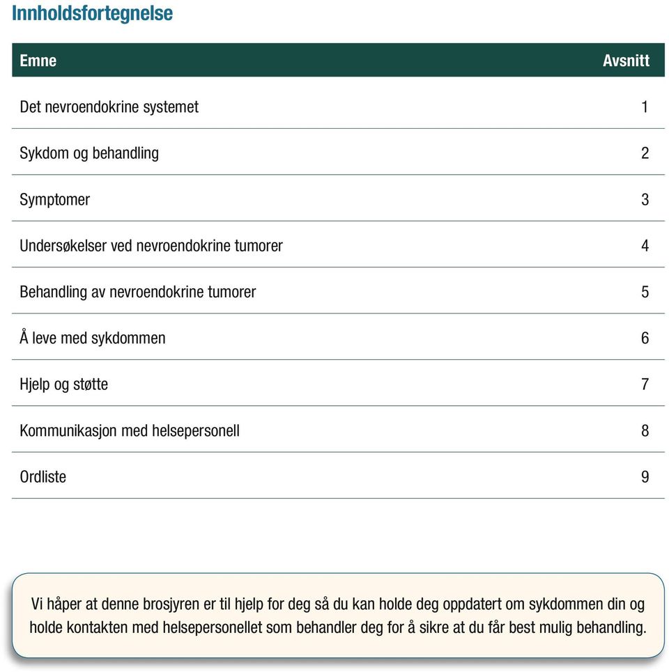 Kommunikasjon med helsepersonell 8 Ordliste 9 Vi håper at denne brosjyren er til hjelp for deg så du kan holde deg