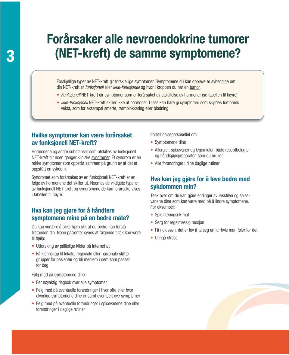 Funksjonell NET-kreft gir symptomer som er forårsaket av utskillelse av hormoner (se tabellen til høyre) Ikke-funksjonell NET-kreft skiller ikke ut hormoner.