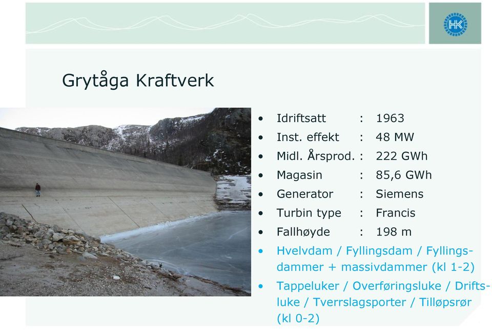 Fallhøyde : 198 m Hvelvdam / Fyllingsdam / Fyllingsdammer + massivdammer (kl