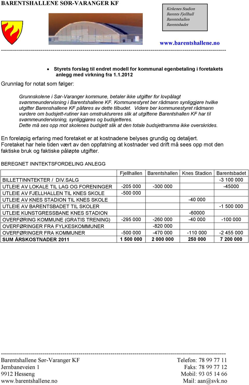 Kommunestyret ber rådmann synliggjøre hvilke utgifter Barenshallene KF påføres av dette tilbudet.