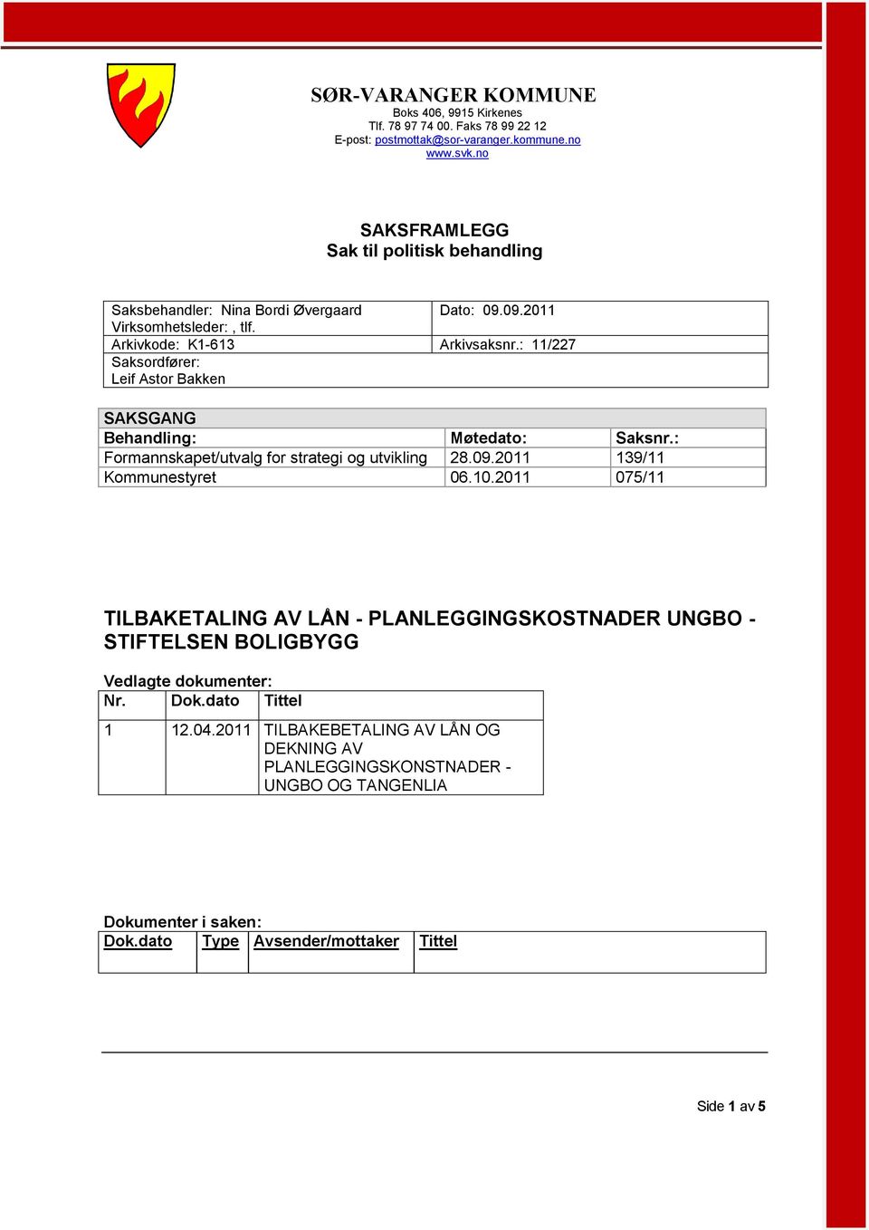 : 11/227 Saksordfører: Leif Astor Bakken SAKSGANG Behandling: Møtedato: Saksnr.: Formannskapet/utvalg for strategi og utvikling 28.09.2011 139/11 Kommunestyret 06.10.