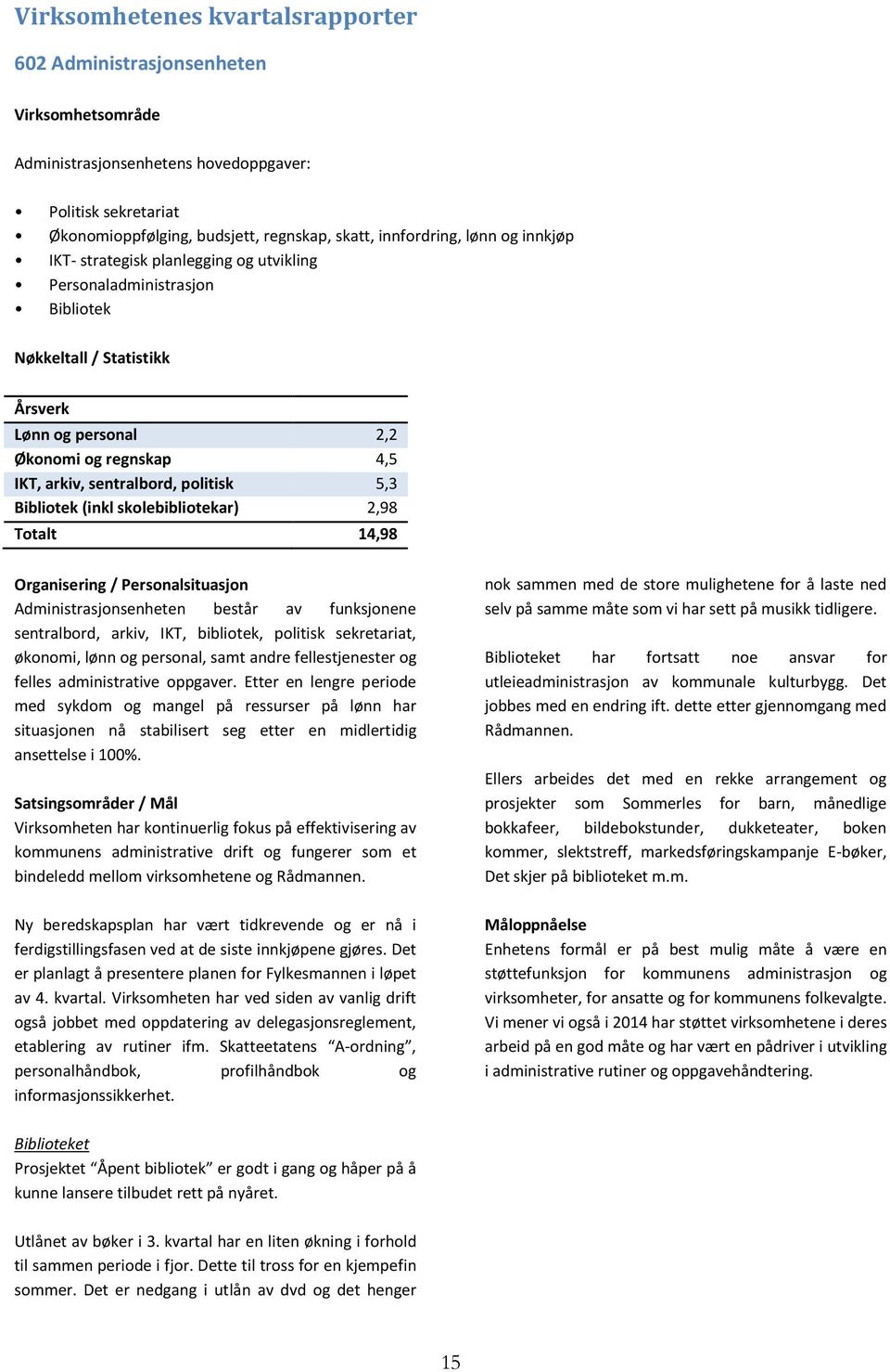 politisk 5,3 Bibliotek (inkl skolebibliotekar) 2,98 Totalt 14,98 Organisering / Personalsituasjon Administrasjonsenheten består av funksjonene sentralbord, arkiv, IKT, bibliotek, politisk