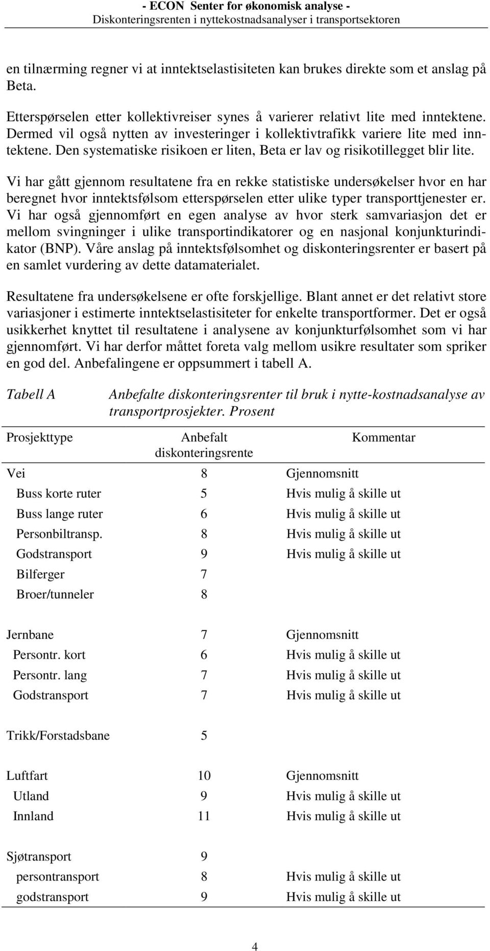 Vi har gått gjennom resultatene fra en rekke statistiske undersøkelser hvor en har beregnet hvor inntektsfølsom etterspørselen etter ulike typer transporttjenester er.