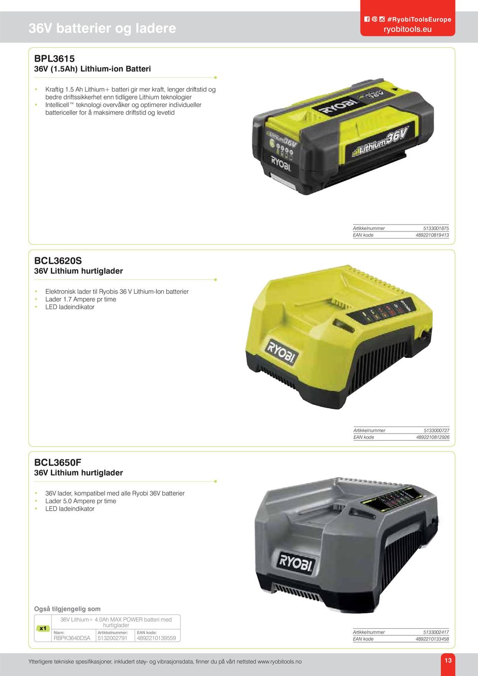 maksimere driftstid og levetid Artikkelnummer 5133001875 EAN kode 4892210819413 BCL3620S 36V Lithium hurtiglader Elektronisk lader til Ryobis 36 V Lithium-Ion batterier Lader 1.