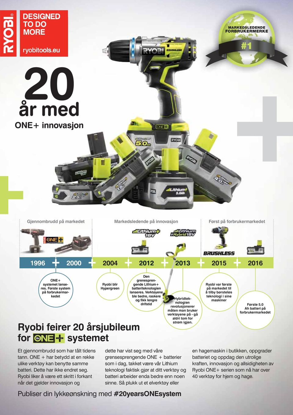 Ryobi liker å være ett skritt i forkant når det gjelder innovasjon og Den grenesprene Lithium+ gende batteriteknologien teknologien lanseres. s. Verktøyene ble bedre, raskere og fikk lengre drifstid ONE+ systemet lanseres.