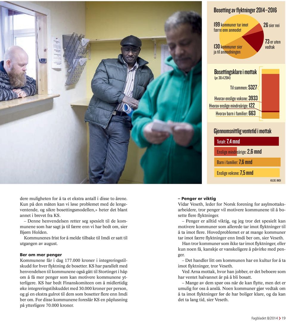 2014) Til sammen: 5327 Hvorav enslige voksne: 3933 Hvorav enslige mindreårige: 122 Hvorav barn i familier: 663 Gjennomsnittlig ventetid i mottak Totalt: 7,4 mnd Enslige mindreårige: 2,6 mnd Barn i