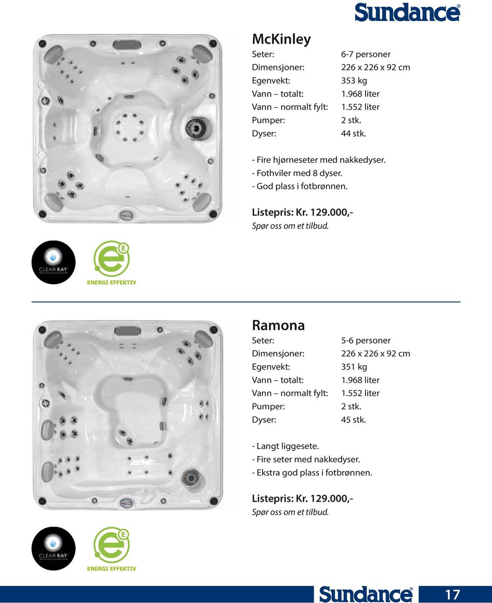 ENERGI EFFEKTIV Ramona Seter: Dimensjoner: Egenvekt: Vann totalt: Vann normalt fylt: Pumper: Dyser: 5-6 personer 226 x 226 x 92 cm 351 kg 1.968 liter 1.