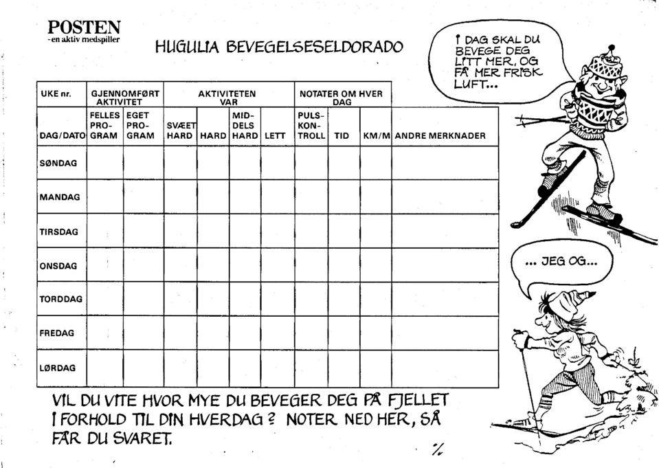 HARD MID DELS HARD LETT NOTATER OM HVER DAG V t DAG 6KAL DU BEVE&E PULS- KON- TROLL TID KM/M ANDRE MERKNADER DES