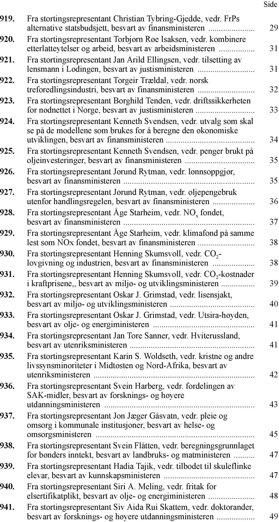 .. 31 922. Fra stortingsrepresentant Torgeir Trældal, vedr. norsk treforedlingsindustri, besvart av finansministeren... 32 923. Fra stortingsrepresentant Borghild Tenden, vedr.