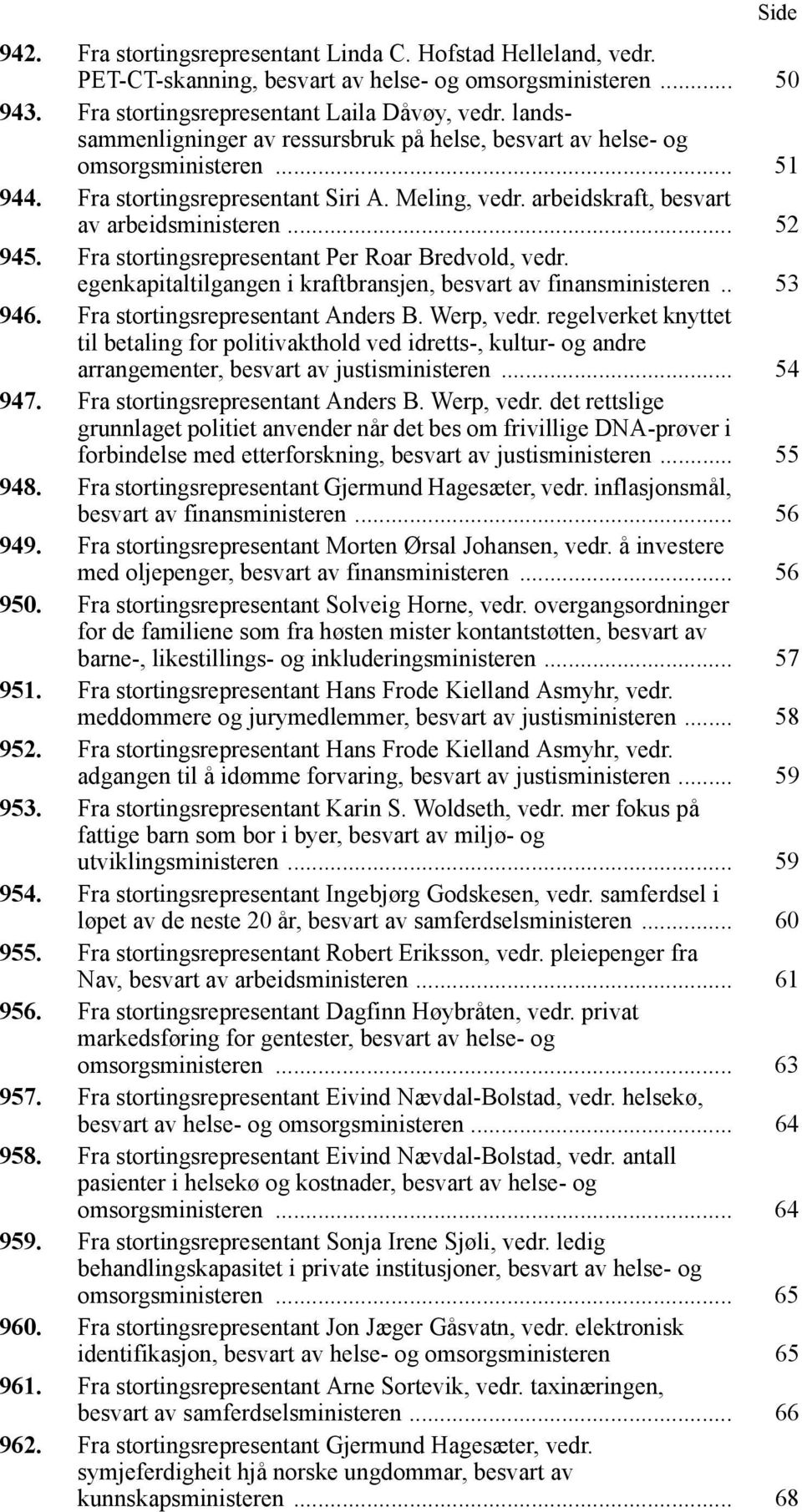 Fra stortingsrepresentant Per Roar Bredvold, vedr. egenkapitaltilgangen i kraftbransjen, besvart av finansministeren.. 53 946. Fra stortingsrepresentant Anders B. Werp, vedr.