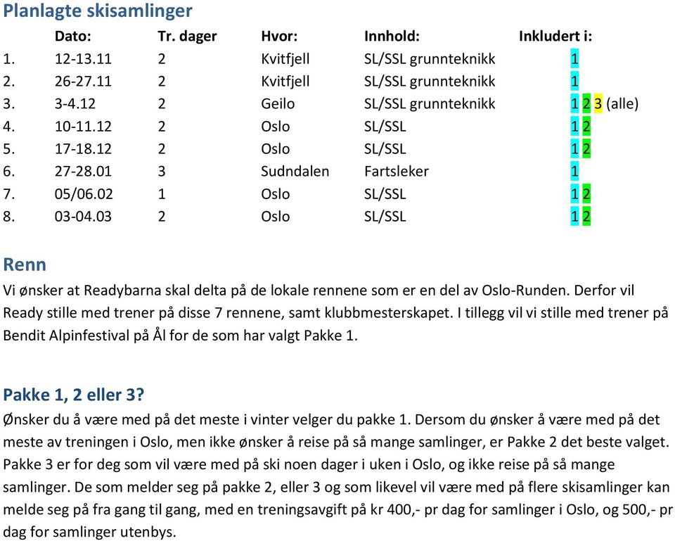 03 2 Oslo SL/SSL 1 2 Renn Vi ønsker at Readybarna skal delta på de lokale rennene som er en del av Oslo-Runden. Derfor vil Ready stille med trener på disse 7 rennene, samt klubbmesterskapet.