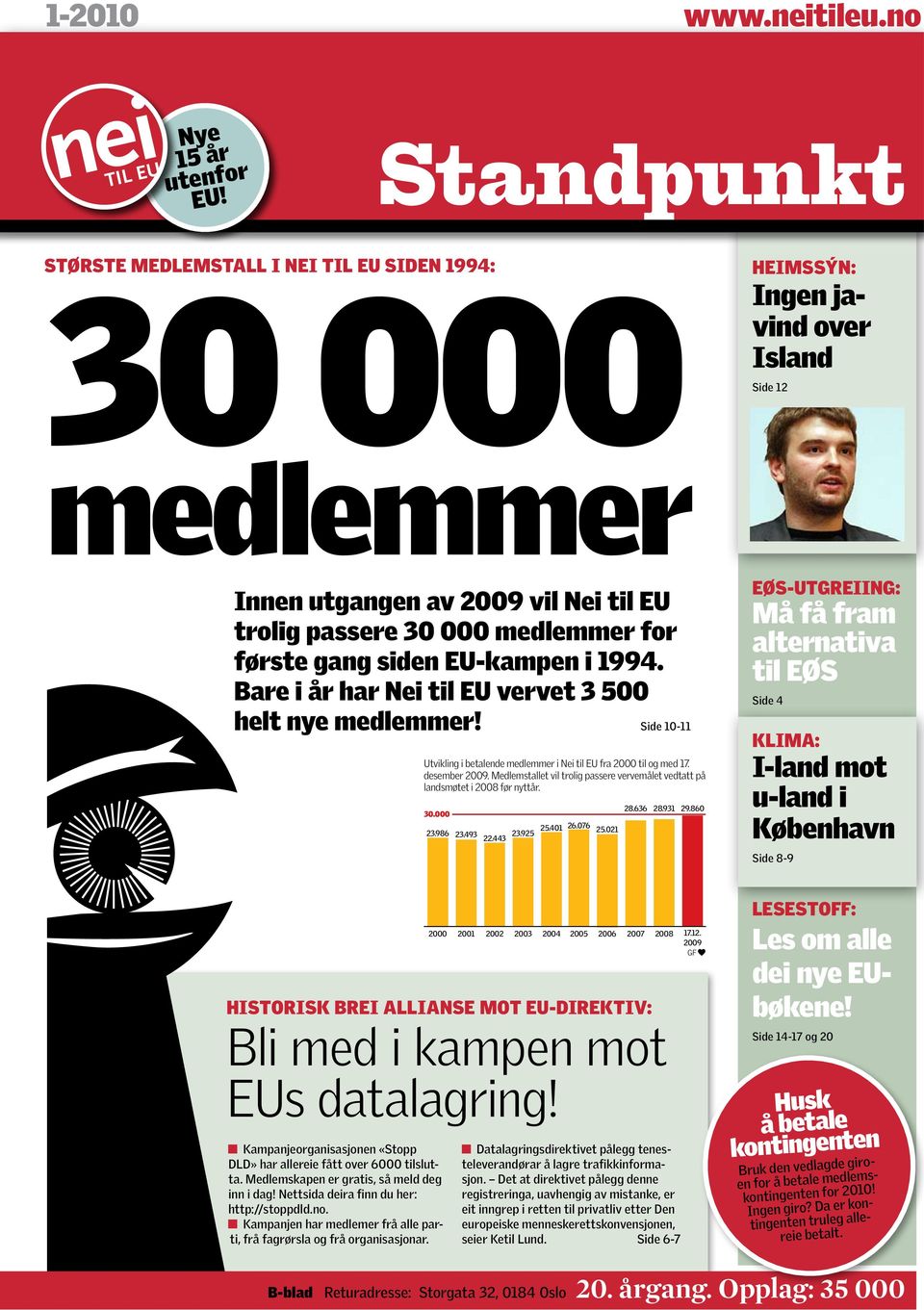 gang siden EU-kampen i 1994. Bare i år har Nei til EU vervet 3 500 helt nye medlemmer! Side 10-11 historisk brei allianse mot EU-direktiv: Bli med i kampen mot EUs datalagring!