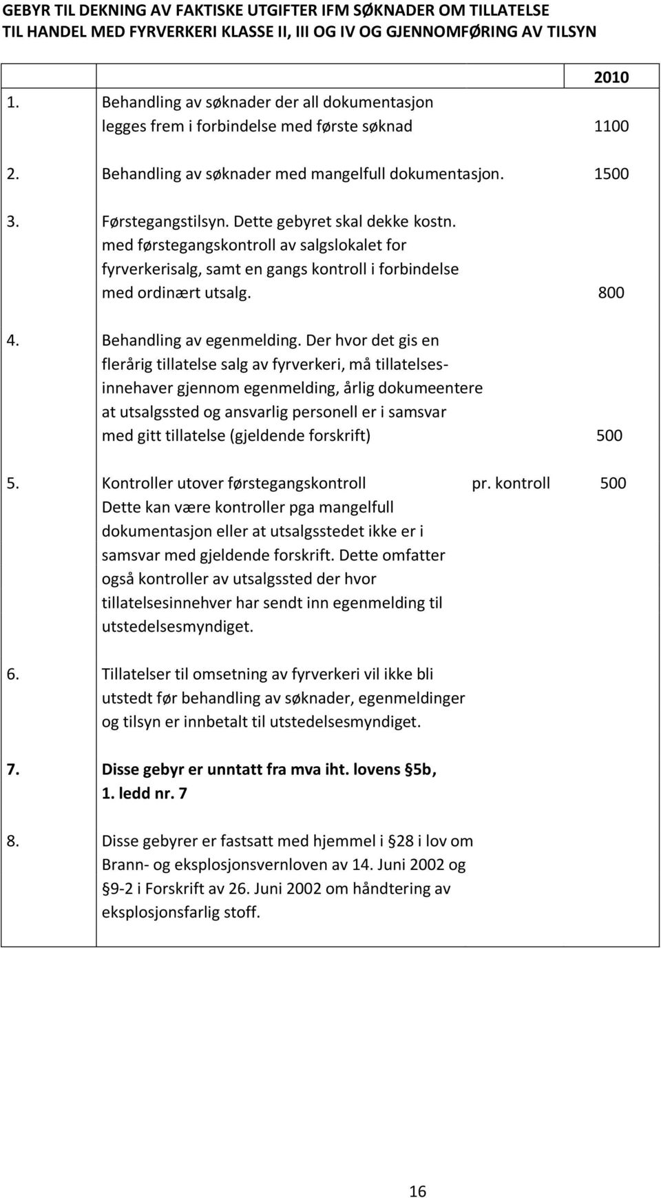 Dette gebyret skal dekke kostn. med førstegangskontroll av salgslokalet for fyrverkerisalg, samt en gangs kontroll i forbindelse med ordinært utsalg. 800 4. Behandling av egenmelding.