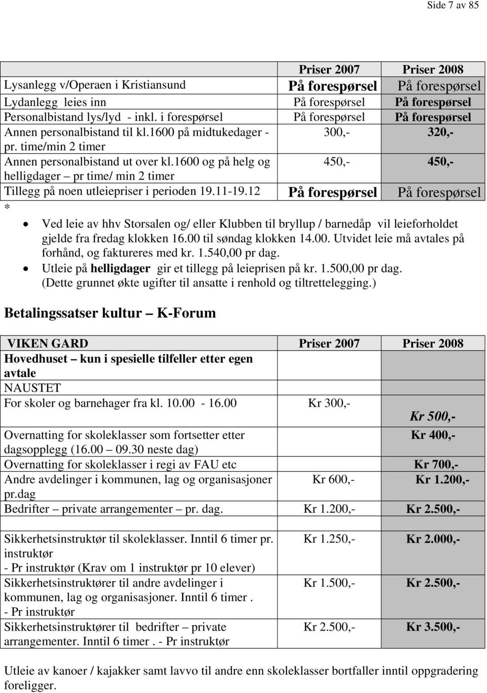 1600 og på helg og 450,- 450,- helligdager pr time/ min 2 timer Tillegg på noen utleiepriser i perioden 19.11-19.