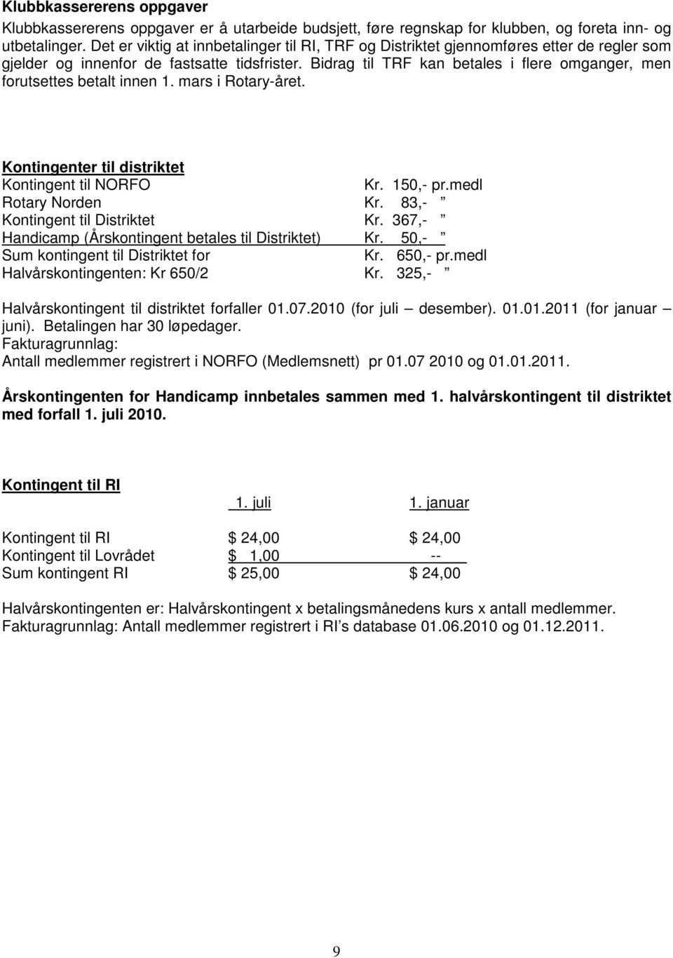 Bidrag til TRF kan betales i flere omganger, men forutsettes betalt innen 1. mars i Rotary-året. Kontingenter til distriktet Kontingent til NORFO Kr. 150,- pr.medl Rotary Norden Kr.