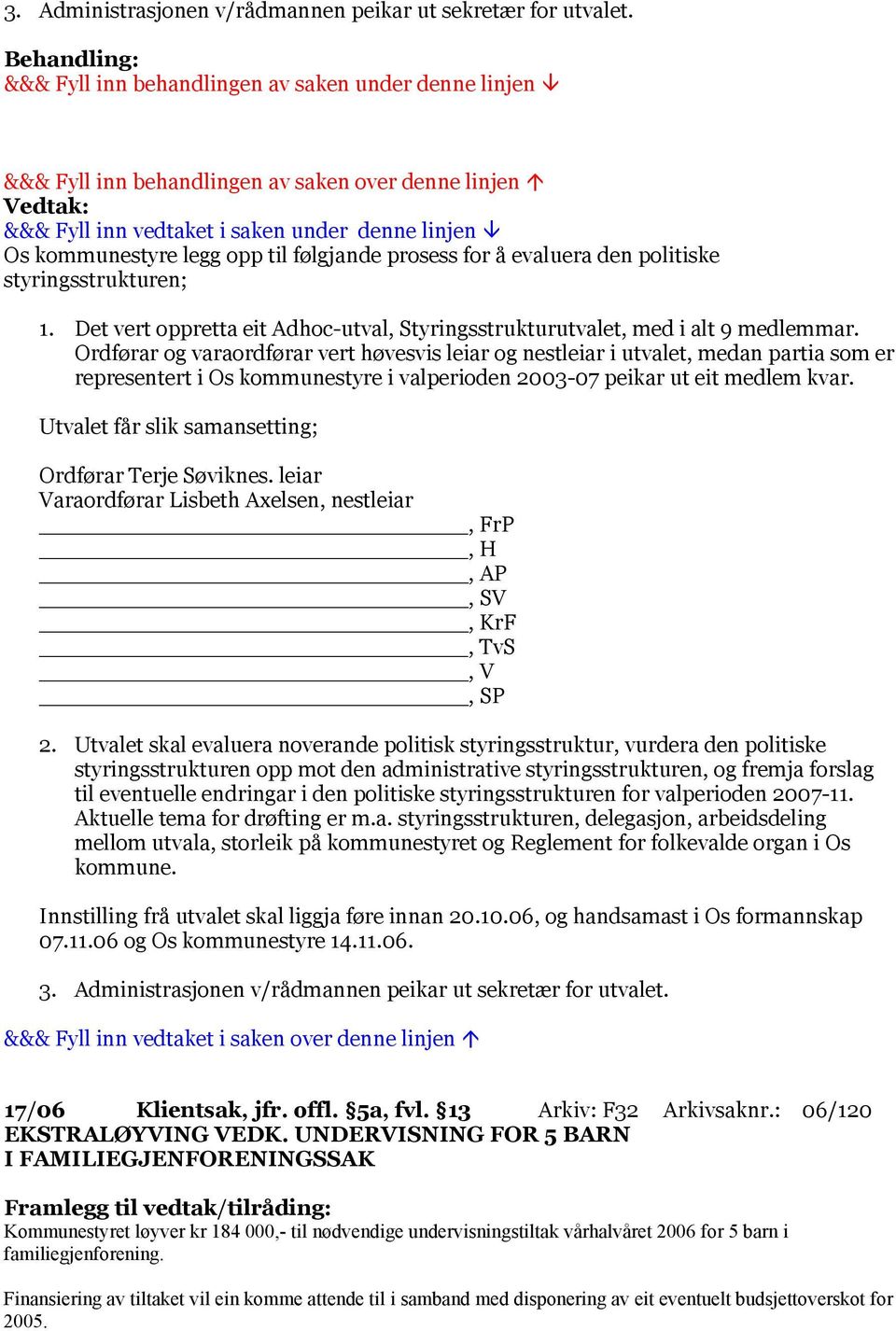 Ordførar og varaordførar vert høvesvis leiar og nestleiar i utvalet, medan partia som er representert i Os kommunestyre i valperioden 2003-07 peikar ut eit medlem kvar.