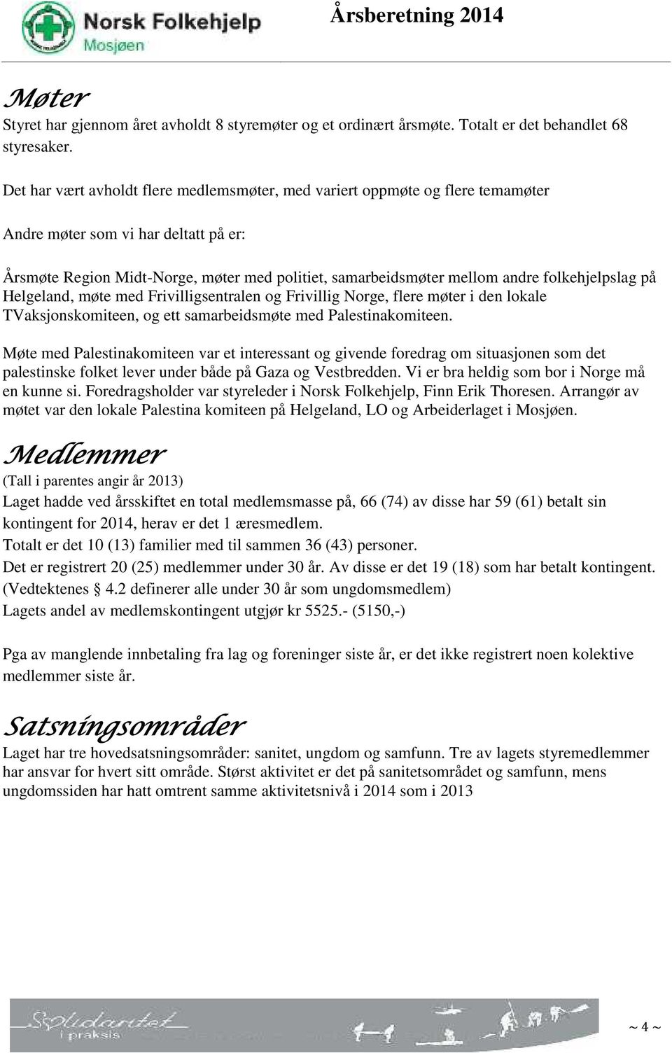 folkehjelpslag på Helgeland, møte med Frivilligsentralen og Frivillig Norge, flere møter i den lokale TVaksjonskomiteen, og ett samarbeidsmøte med Palestinakomiteen.