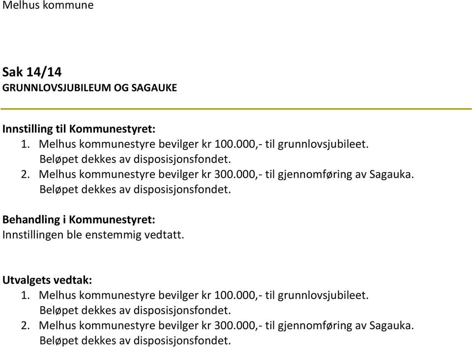 Beløpet dekkes av disposisjonsfondet. Innstillingen ble enstemmig vedtatt. 1. Melhus kommunestyre bevilger kr 100.