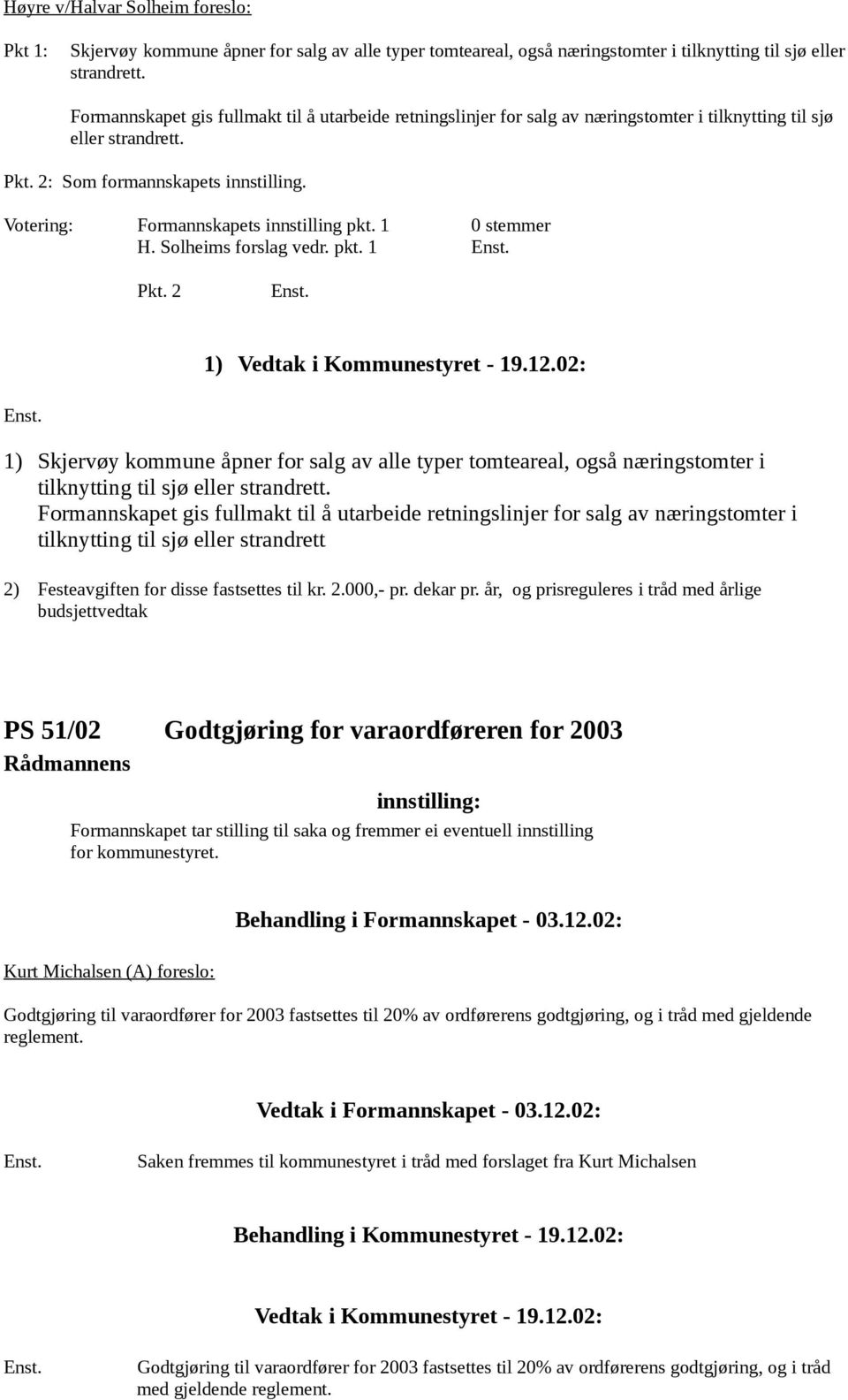 Votering: Formannskapets innstilling pkt. 1 0 stemmer H. Solheims forslag vedr. pkt. 1 Pkt.