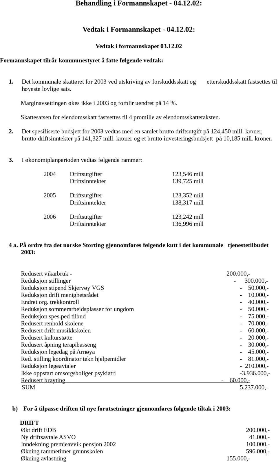 Skattesatsen for eiendomsskatt fastsettes til 4 promille av eiendomsskattetaksten. 2. Det spesifiserte budsjett for 2003 vedtas med en samlet brutto driftsutgift på 124,450 mill.