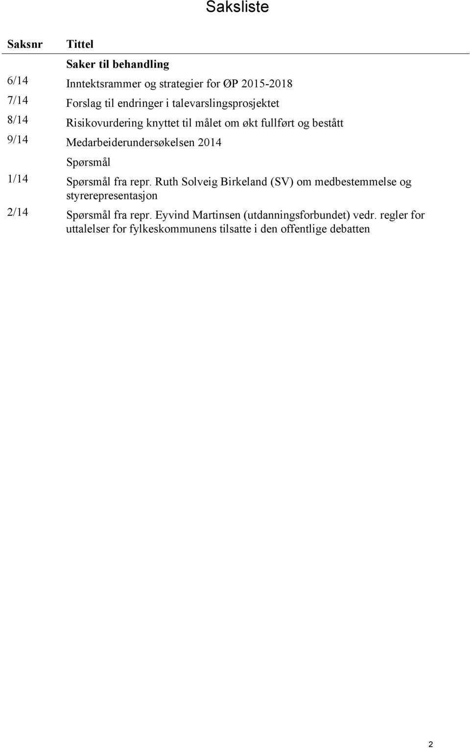 Spørsmål 1/14 Spørsmål fra repr. Ruth Solveig Birkeland (SV) om medbestemmelse og styrerepresentasjon 2/14 Spørsmål fra repr.