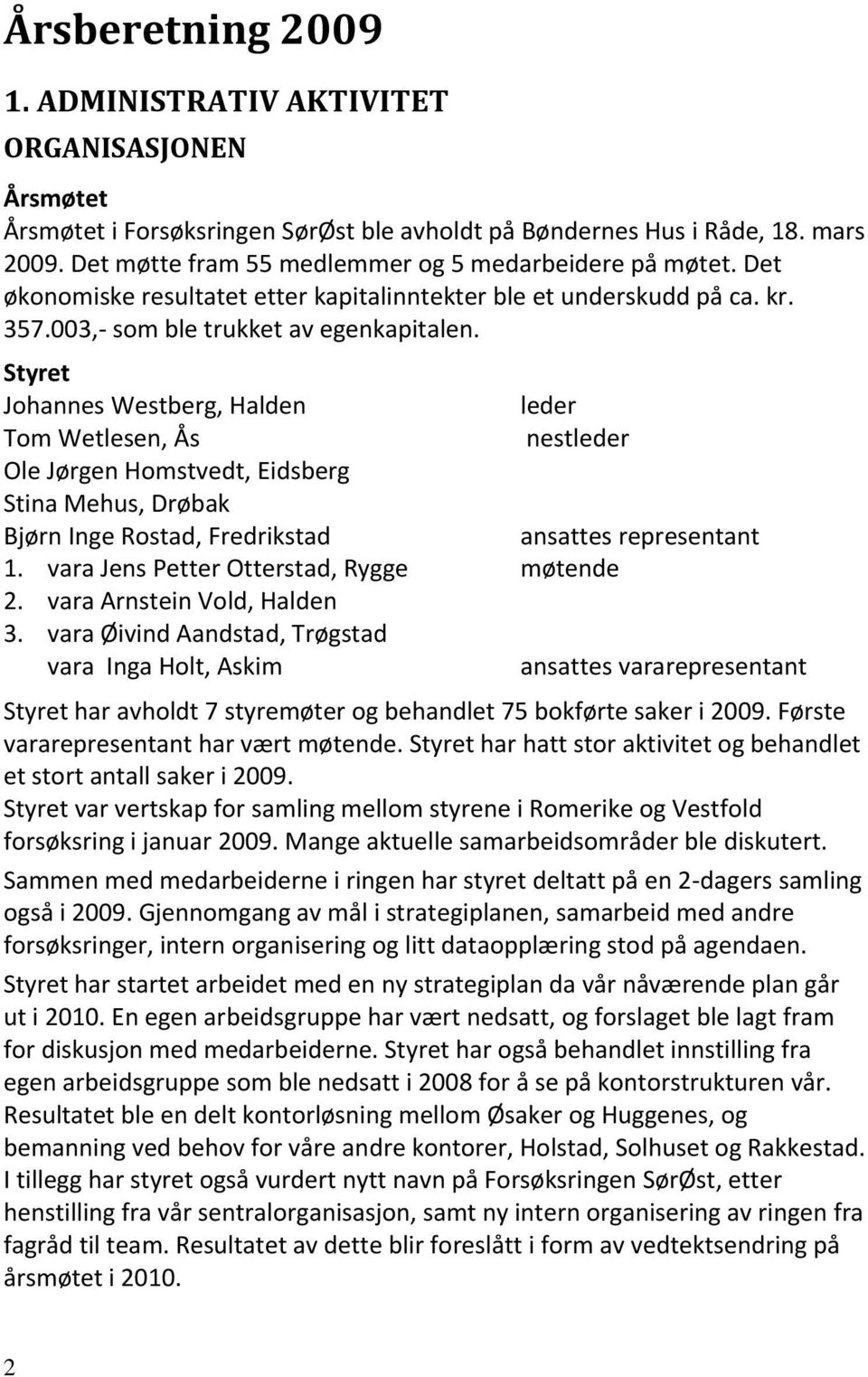 Styret Johannes Westberg, Halden leder Tom Wetlesen, Ås nestleder Ole Jørgen Homstvedt, Eidsberg Stina Mehus, Drøbak Bjørn Inge Rostad, Fredrikstad ansattes representant 1.