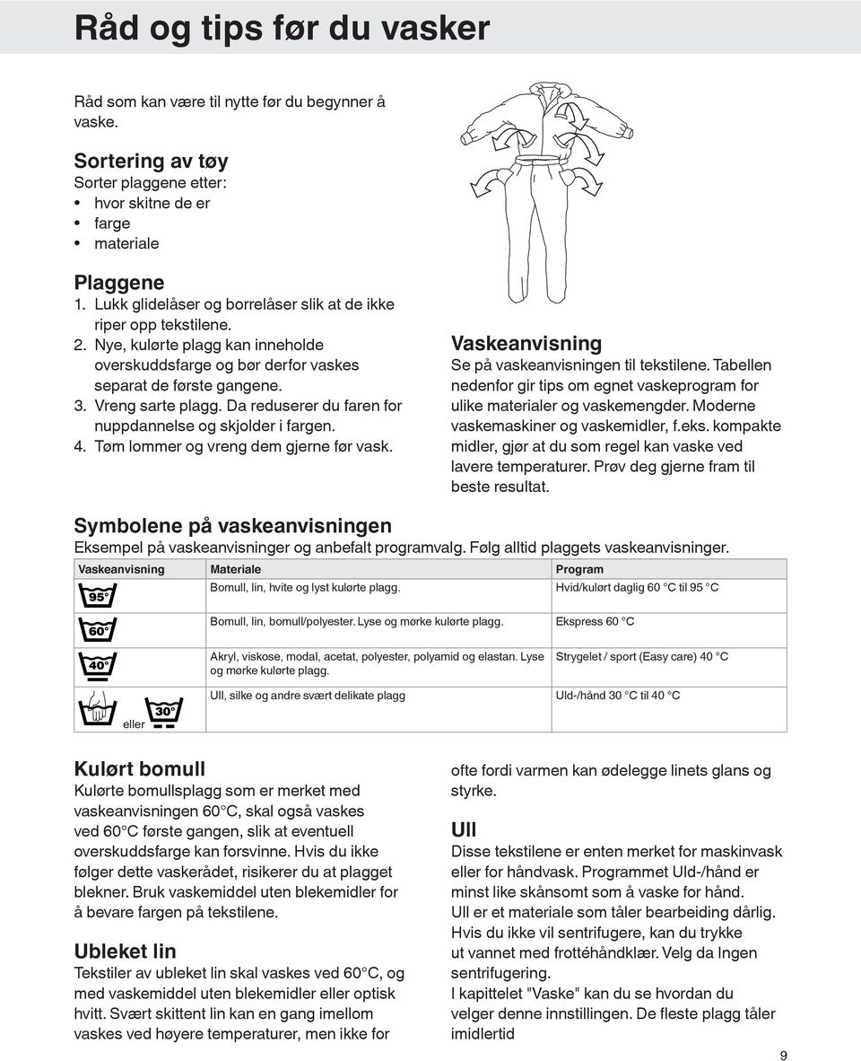 Da reduserer du faren for nuppdannelse og skjolder i fargen. 4. Tøm lommer og vreng dem gjerne før vask. Vaskeanvisning Se på vaskeanvisningen til tekstilene.