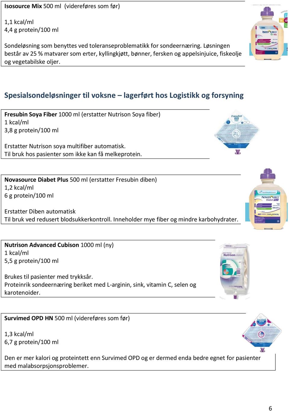 Spesialsondeløsninger til voksne lagerført hos Logistikk og forsyning Fresubin Soya Fiber 1000 ml (erstatter Nutrison Soya fiber) 3,8 g protein/100 ml Erstatter Nutrison soya multifiber automatisk.