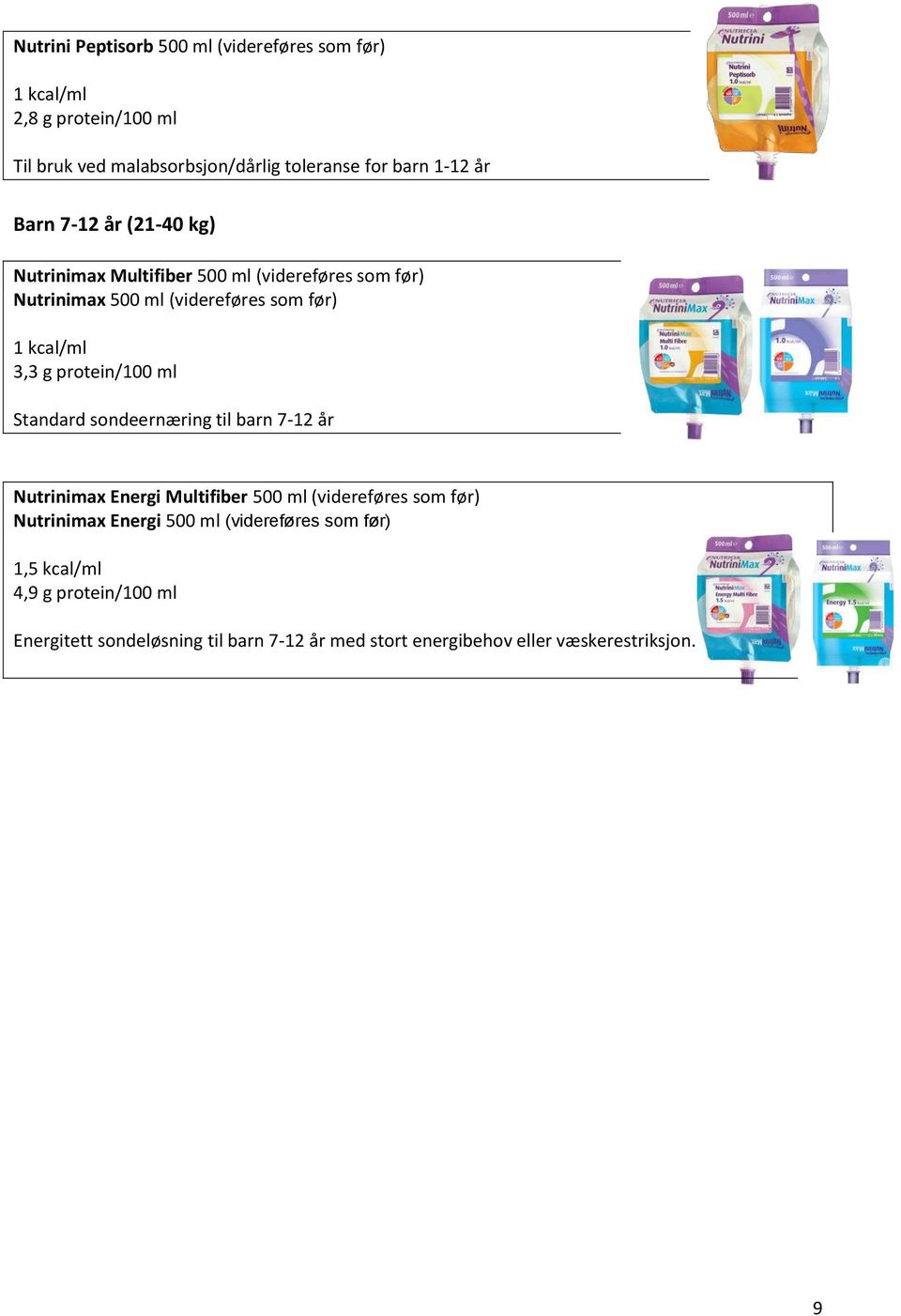 ml Standard sondeernæring til barn 7-12 år Nutrinimax Energi Multifiber 500 ml (videreføres som før) Nutrinimax Energi 500 ml