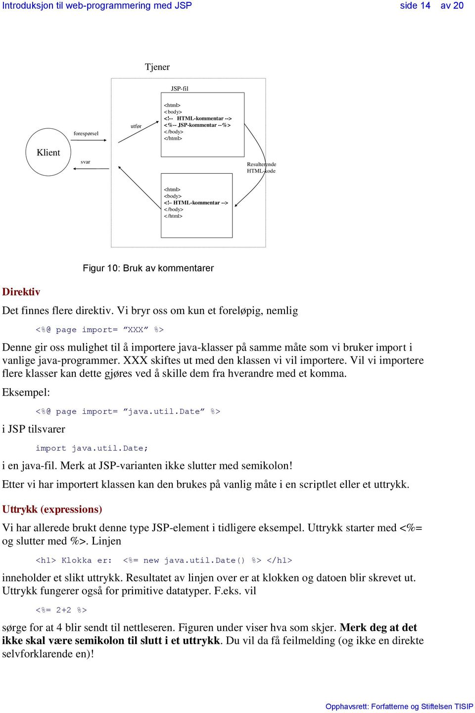 Vi bryr oss om kun et foreløpig, nemlig <%@ page import= XXX %> Denne gir oss mulighet til å importere java-klasser på samme måte som vi bruker import i vanlige java-programmer.