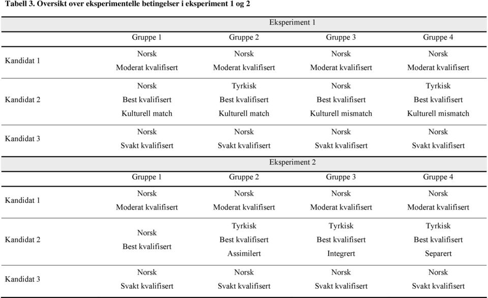 kvalifisert Tyrkisk Tyrkisk Kandidat 2 Best kvalifisert Best kvalifisert Best kvalifisert Best kvalifisert Kulturell match Kulturell match Kulturell mismatch Kulturell mismatch Kandidat 3 Svakt