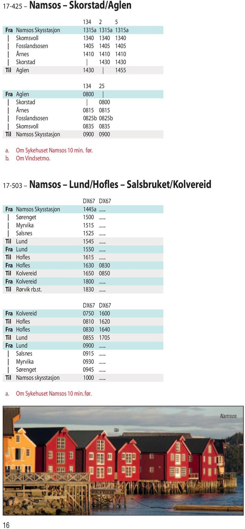 17-503 Namsos Lund/Hofles Salsbruket/Kolvereid DX67 DX67 Fra Namsos Skysstasjon 1445a... Sørenget 1500... Myrvika 1515... Salsnes 1525... Til Lund 1545... Fra Lund 1550... Til Hofles 1615.