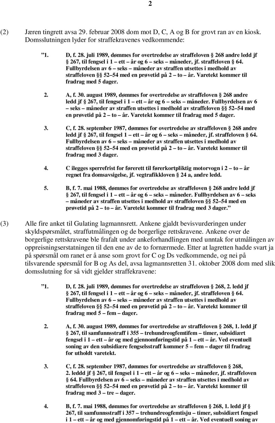 Fullbyrdelsen av 6 seks måneder av straffen utsettes i medhold av Varetekt kommer til fradrag med 5 dager. 2. A, f. 30.