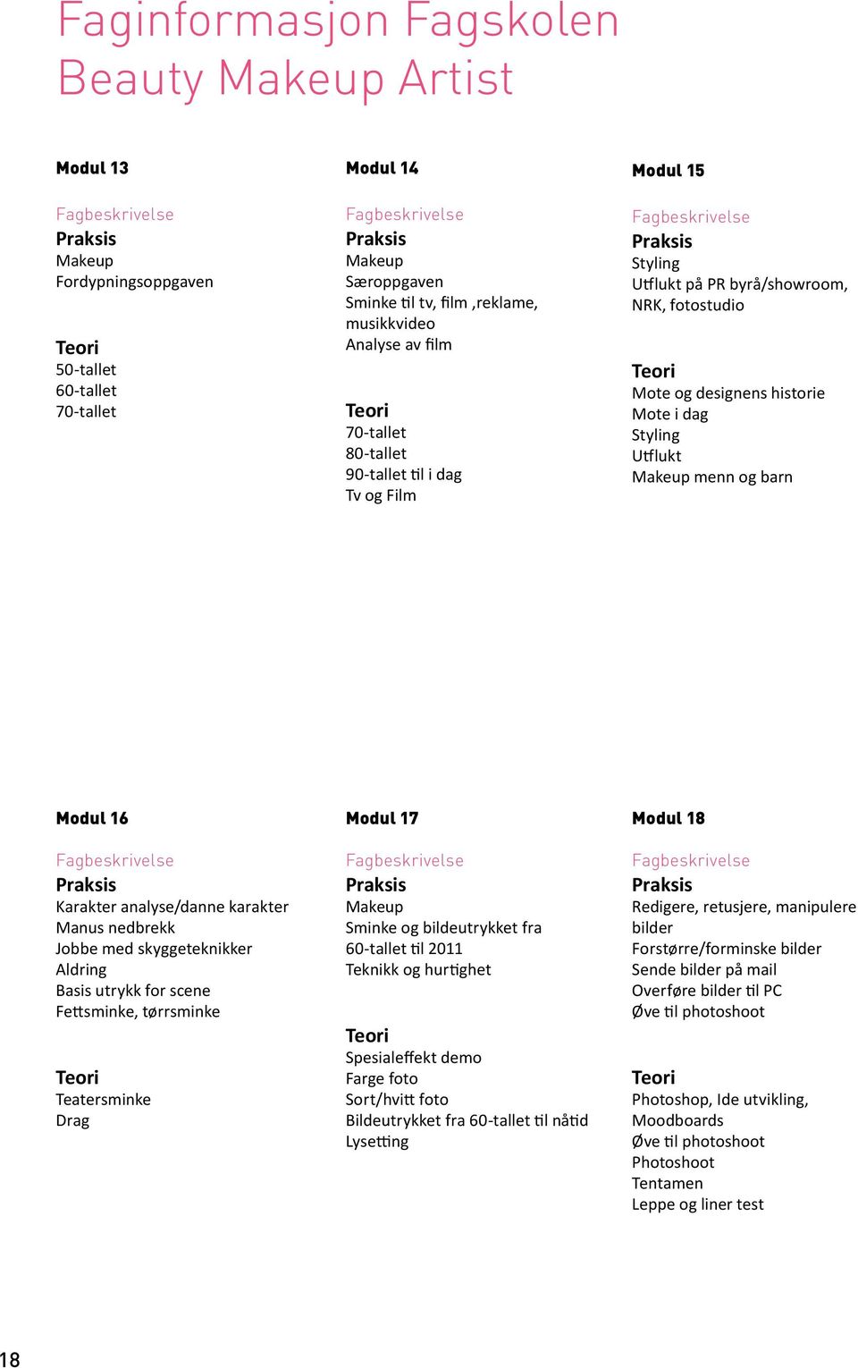 Karakter analyse/danne karakter Manus nedbrekk Jobbe med skyggeteknikker Aldring Basis utrykk for scene Fettsminke, tørrsminke Teatersminke Drag Modul 17 Makeup Sminke og bildeutrykket fra 60-tallet