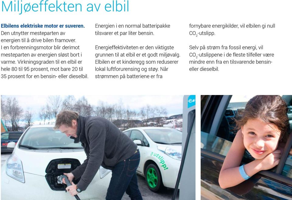 Virkningsgraden til en elbil er hele 80 til 95 prosent, mot bare 20 til 35 prosent for en bensin- eller dieselbil. Energien i en normal batteripakke tilsvarer et par liter bensin.