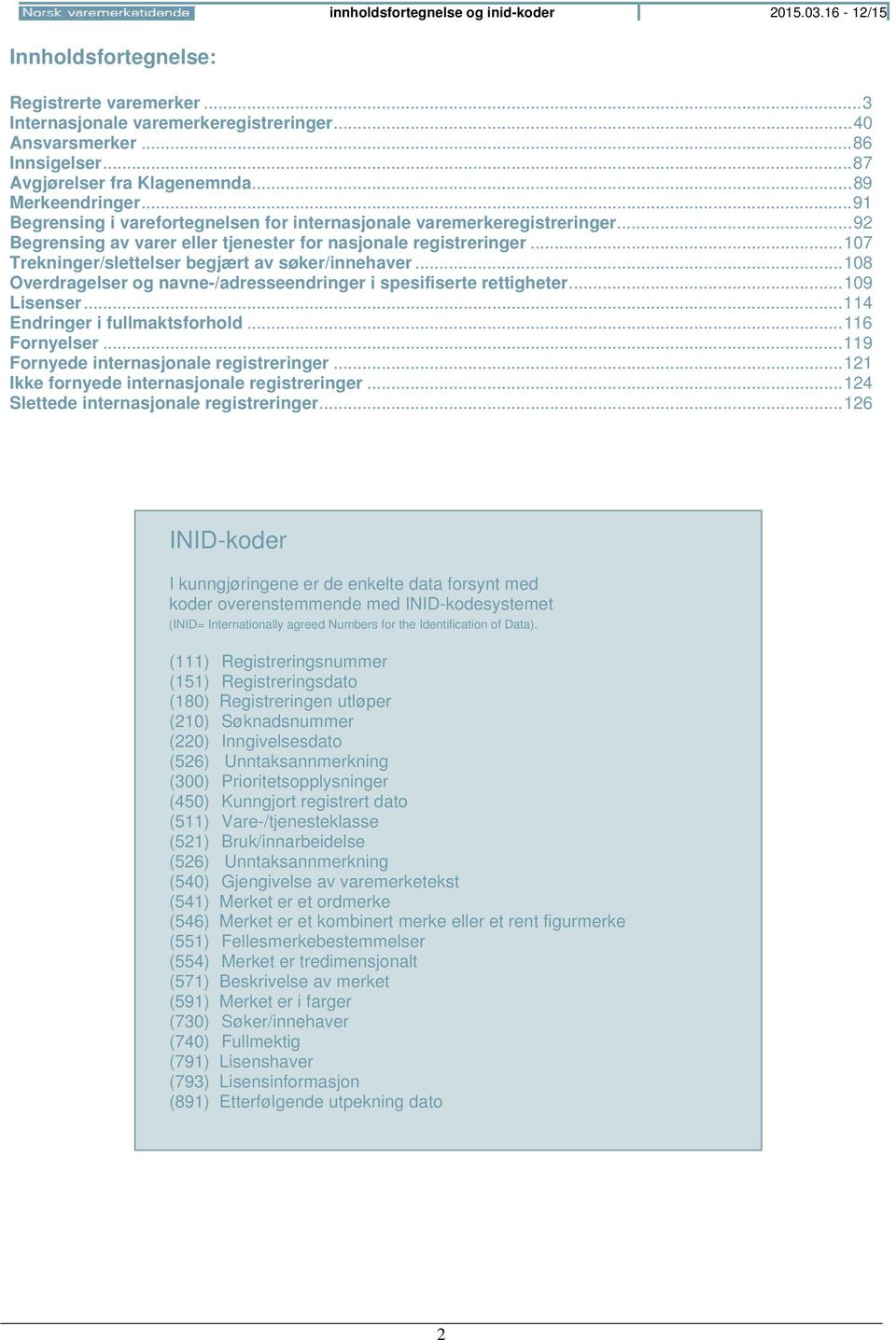 .. 92 Begrensing av varer eller tjenester for nasjonale registreringer... 107 Trekninger/slettelser begjært av søker/innehaver... 108 Overdragelser og navne-/adresseendringer i spesifiserte rettigheter.