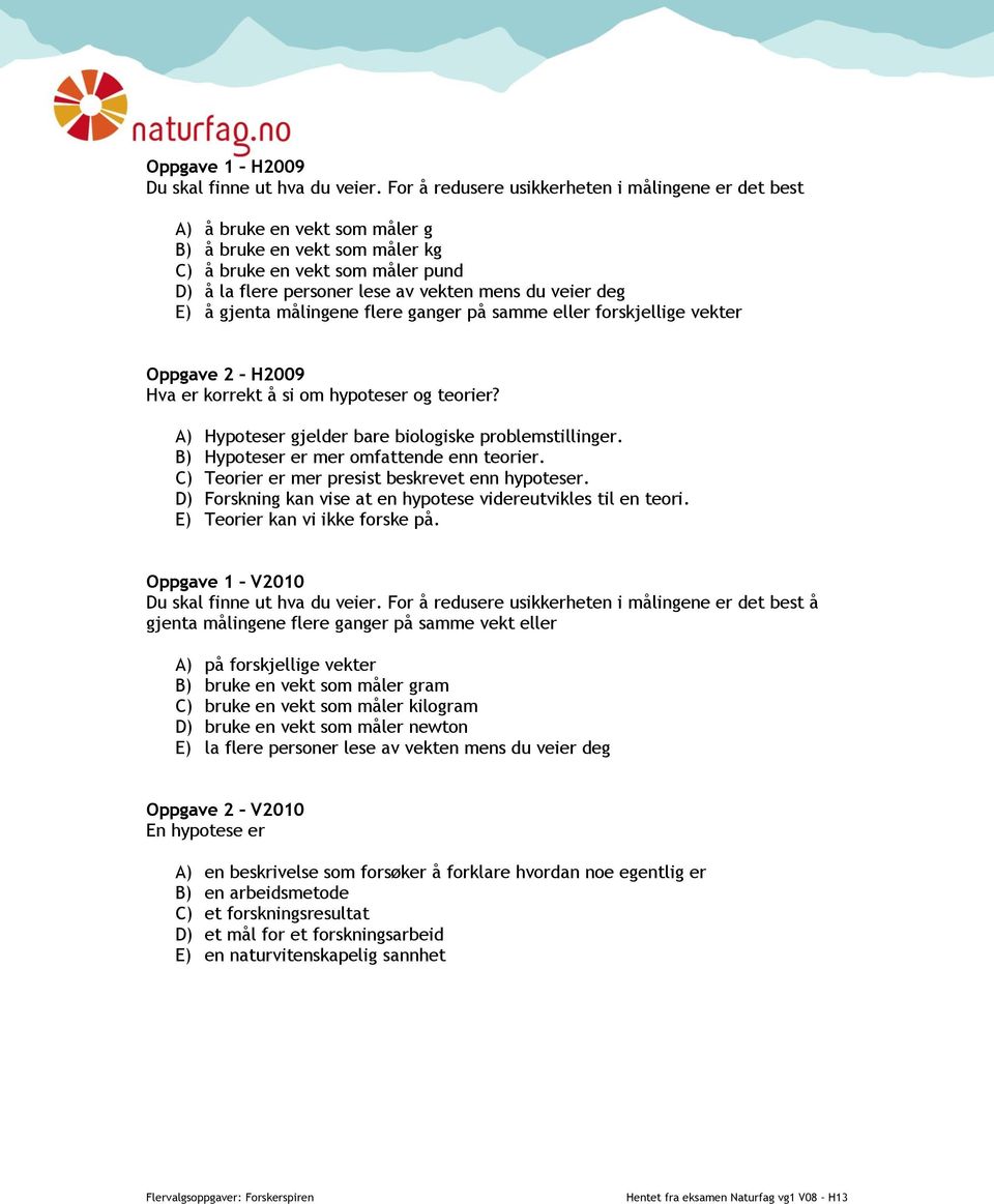veier deg E) å gjenta målingene flere ganger på samme eller forskjellige vekter Oppgave 2 H2009 Hva er korrekt å si om hypoteser og teorier? A) Hypoteser gjelder bare biologiske problemstillinger.
