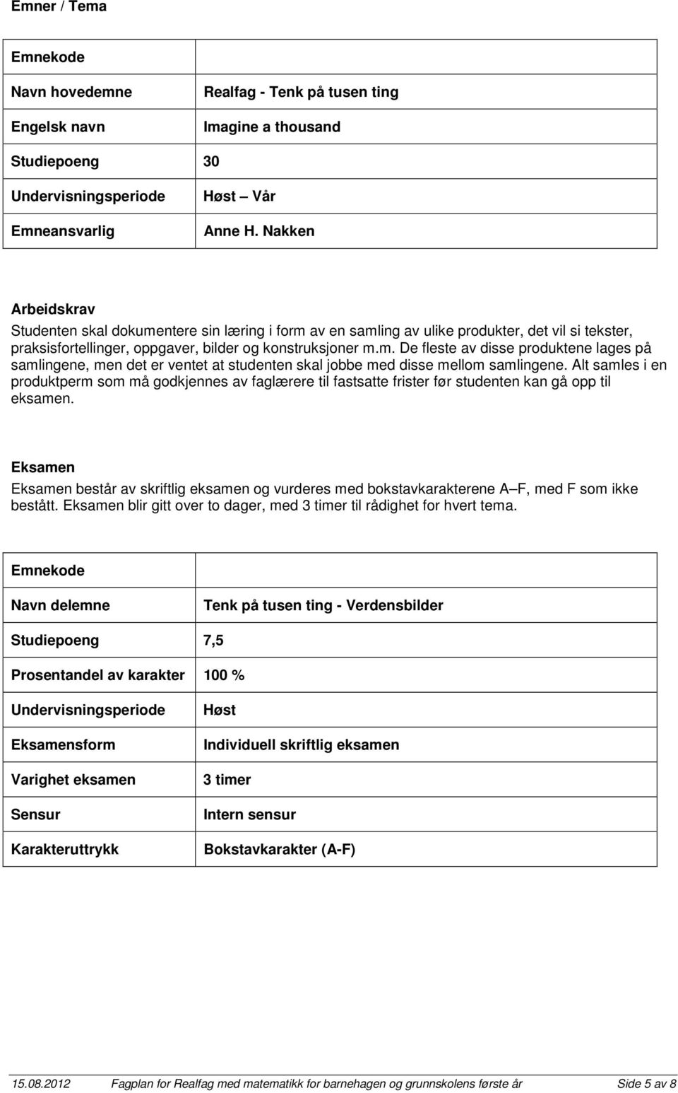 Alt samles i en produktperm som må godkjennes av faglærere til fastsatte frister før studenten kan gå opp til eksamen.